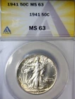 1941 ANACS MS63 Walking Liberty SILVER Half Dollar CH BU NICE LUSTER Coin