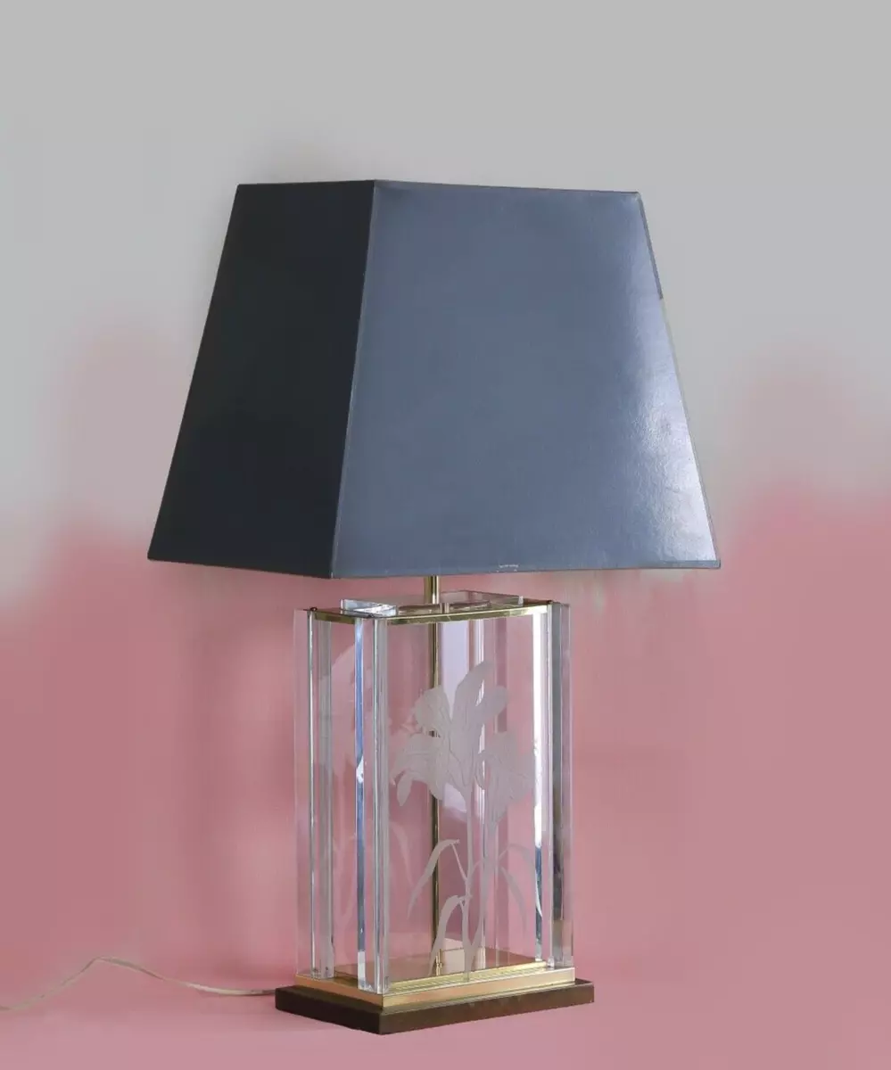 Vintage Fredrick Ramond signed Hollywood Regency acrylic etched glass lamp