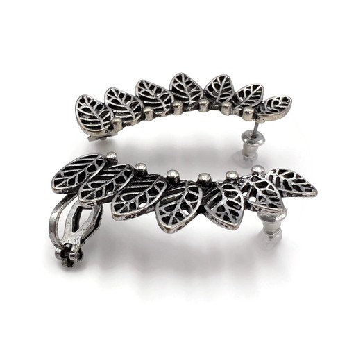 Gray Openwork Leaves Ear Climber / Crawler Clip Post Fashion Earrings - Picture 4 of 12