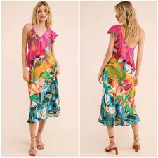 FARM Rio Mixed Flowery Ruffle One Shoulder Midi Dress Small Silky Tropical Print