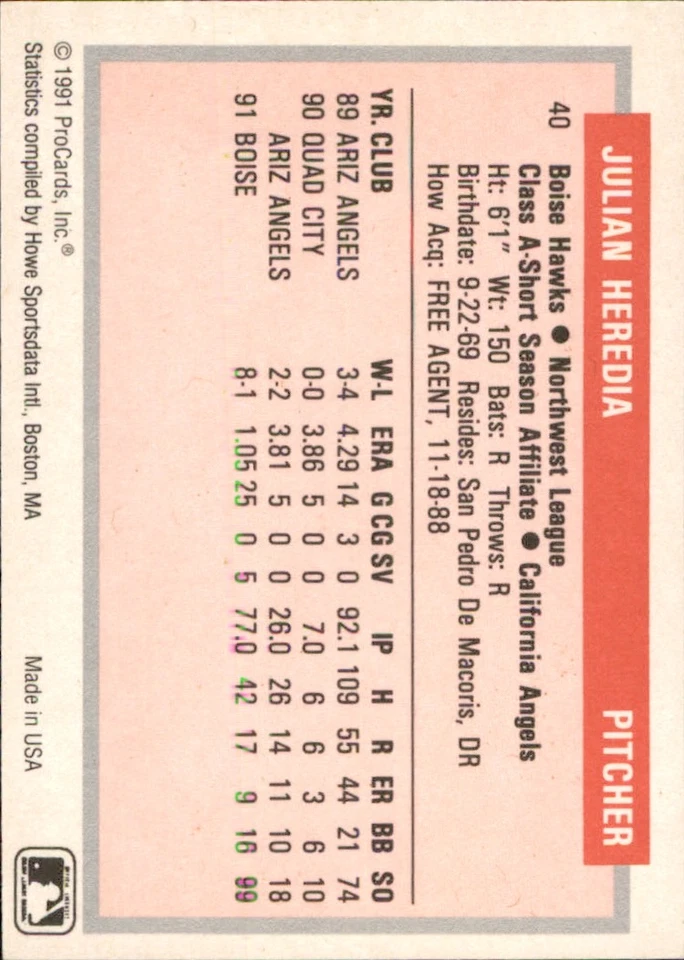 Julian Heredia 1991-92 ProCards Tomorrow's Heroes #40 RC Boise Hawks - Image 2 of 2