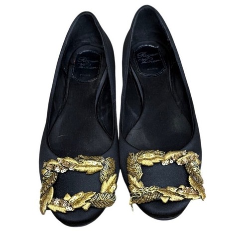 Roger Vivier Marechale Black Satin Ballerina Flats Ornate Buckle Size 38 US 8