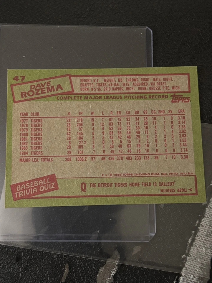 1985 TOPPS Dave Rozema #47 - Image 2 of 2