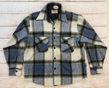 VINTAGE Montgomery Ward Sacket Medium Wool Blend Flannel Blue Plaid 70's EUC