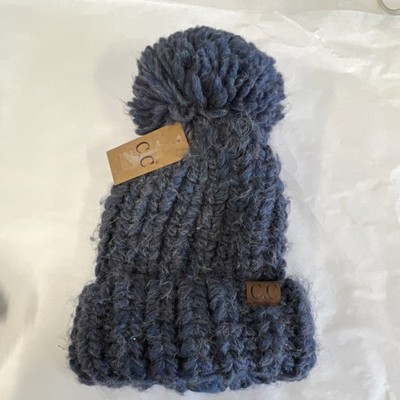 C.C Knit Bobble Hat Pom-Pom Blue Women's One Size Stretch Acrylic Winter
