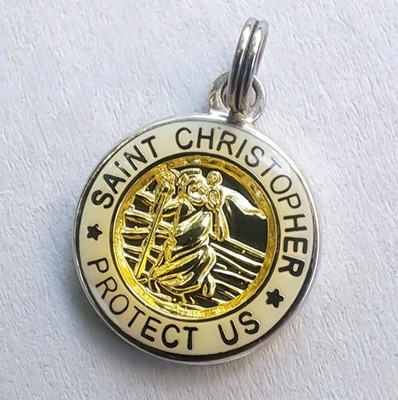 Saint Christopher Protect Us White & Gold Enamel Medal ''Get Back'' Engraving
