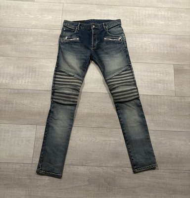 Balmain Slim Fit Blue Denim Jeans Men Straight Embroidered Logo Zip Button