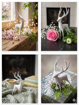 Modern Minimalist Reindeer Figurine - 3D Printed White Stag Sculpture - Home