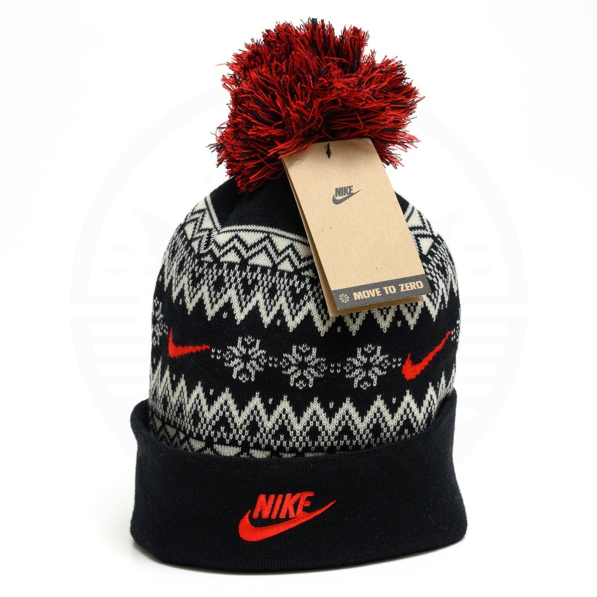 Nike Peak Fair Isle Beanie Bobble Hat Winter Toque Pom Black/Red