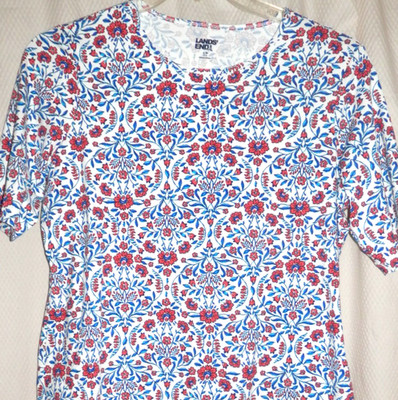 Lands End Short Sleeve Poly/Spandex Knit Top Sz. L/P (14-16)  White/Coral/Navy