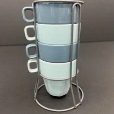 Pier 1 Stoneware Stackable Coffee Mug Cup with Metal Stand Set Of 4 Blue 6 Ounce