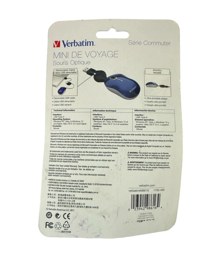 USB 2.0 Verbatim USB Corded Mini Travel Optical Wired Mouse for Mac and PC USB-A - Image 2 of 2