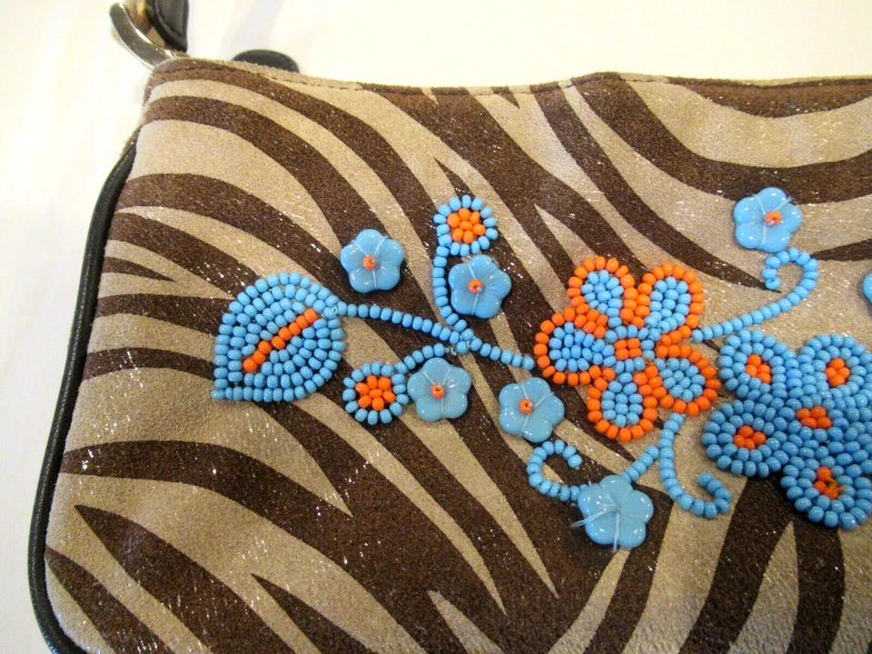 Isabella Fiore tiger striped purse with blue beaded flowers - Image 2 of 4