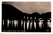 Ketchikan & Inside Passage at Midnight Alaska Reflection on Water 1940s RPPC