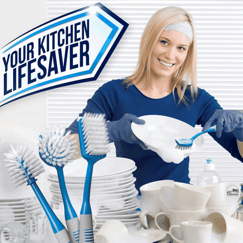 Dish Brush Set of 3 with Bottle Water Brush Dish Scrub Blue Dishwasher Safe - Picture 8 of 8