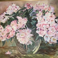 VINTAGE 60s floral flower original hand painted oil PAINTING by Beers pink 