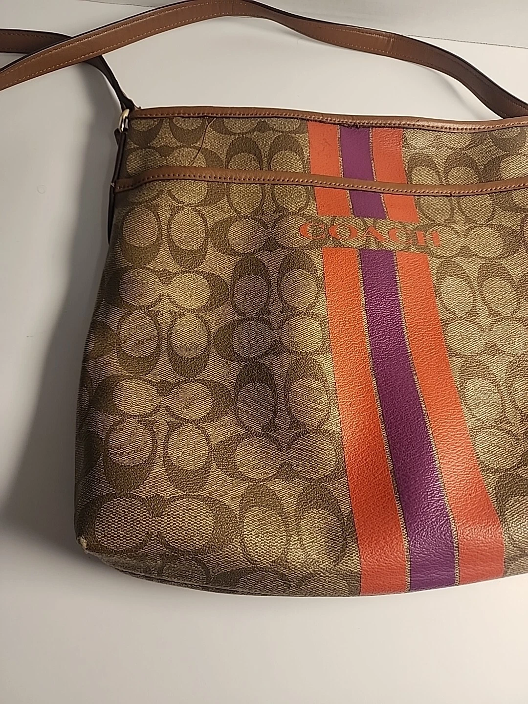 Autentica borsa a righe COACH Varsity in tela rivestita firmata tracolla