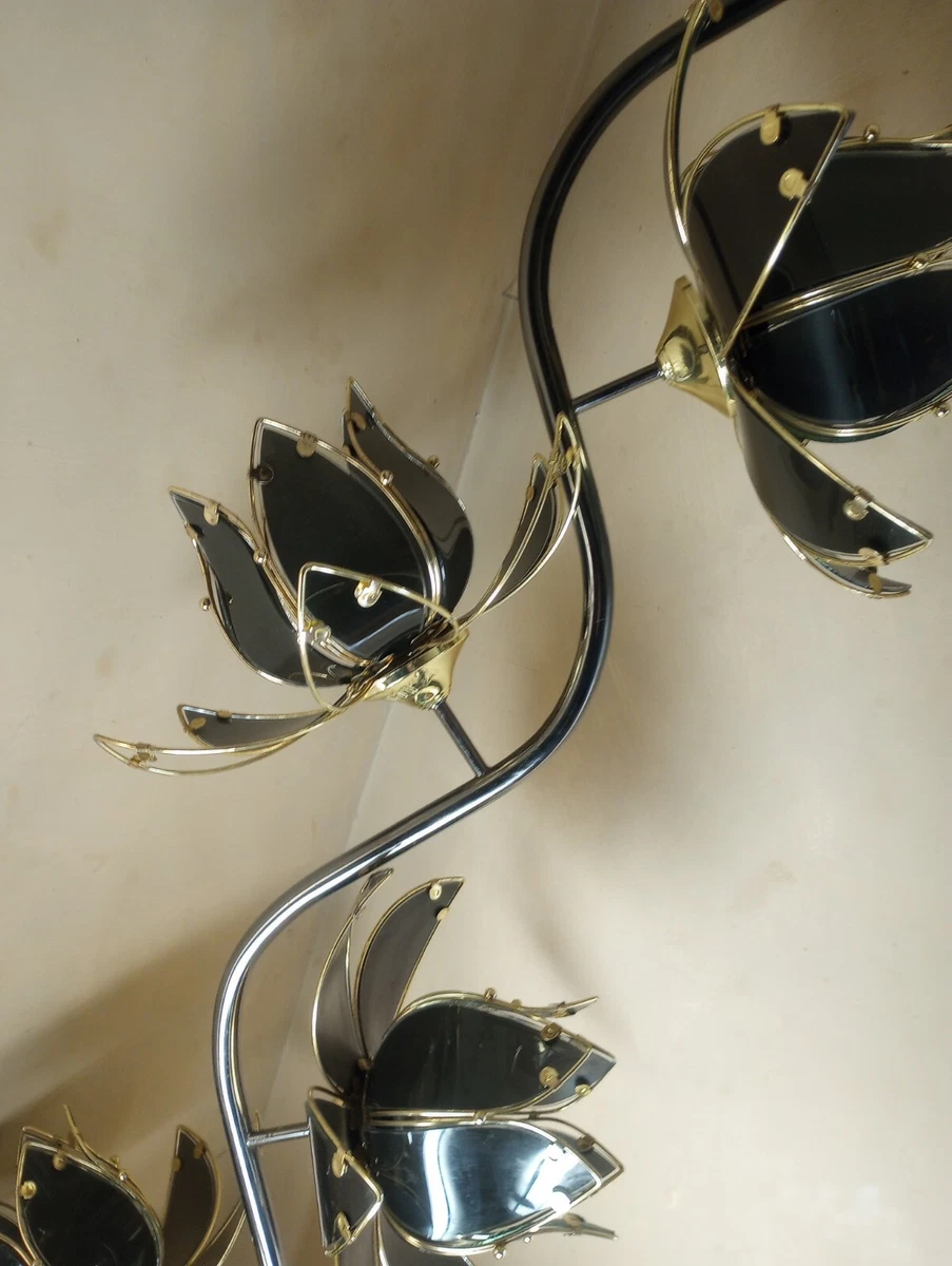 Vintage Hollywood Regency Black Glass Lotus Flower Floor Lamp used