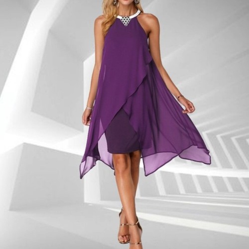 Womens Chiffon Halter Neck Mini Dress Ladies Evening Cocktail Party Gown Size 16 - Picture 12 of 22