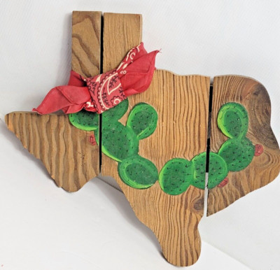 Vintage Unique Wooden Texas Map carved with Cactus Design and Red Bandana 12''