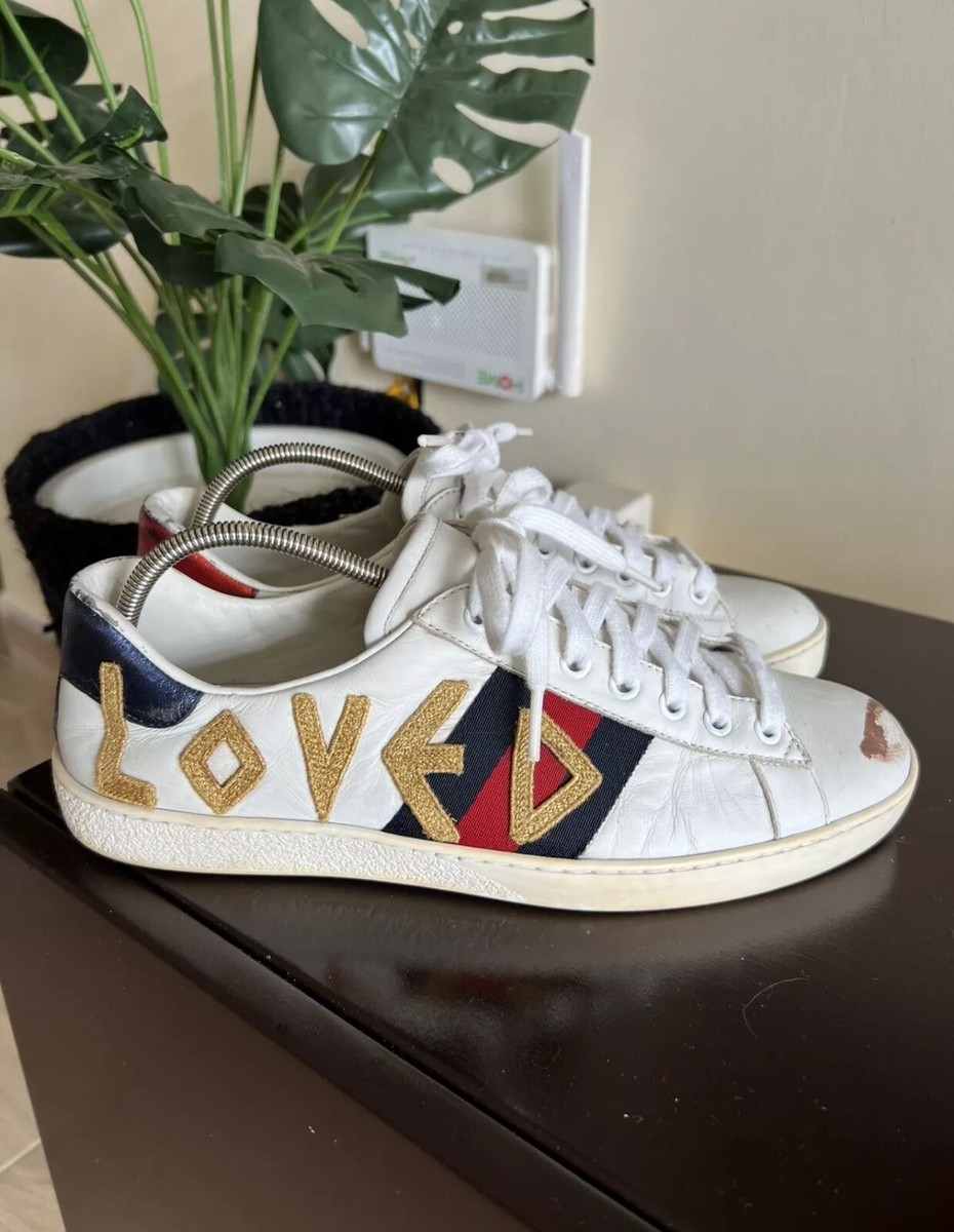 Gucci White Leather Ace Loved Print Low Top Lace-Up Sneakers  display picture 3