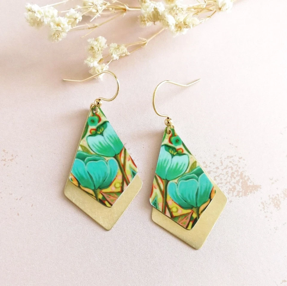 Pendientes Artista Verde Tulipán Capas Latón Corbata Formas Ligeros Únicos Foto 2 de 4
