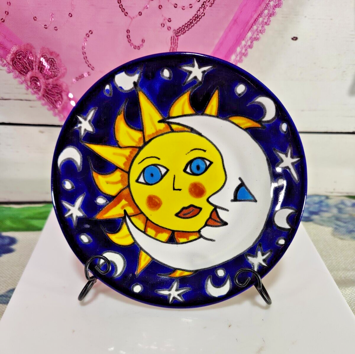 Celestial Moon and Sun Hand Painted Mexican Folk Art Terracotta Decorative Dish