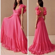 NWD $598 Mac Duggal [ 4 ] Ruffle Tiered Cut Out Chiffon Gown in Hot Pink #Q553