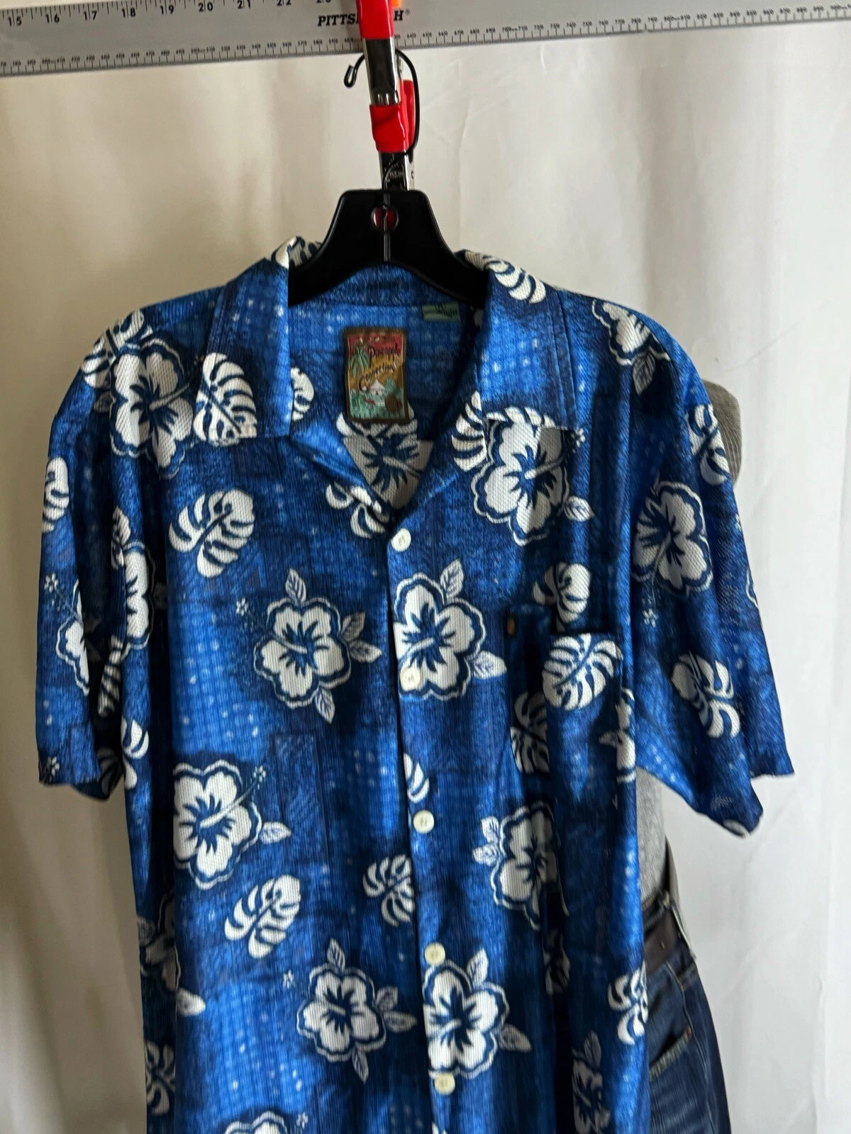 Pineapple Connection Textured Bleu Floral Poly CAMP SHIRT Medium M