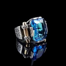 Men's Ring 925K Sterling Silver Turkish Jewelry Aquamarine Stone All Size