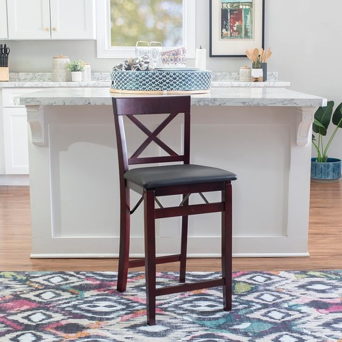Fully Assembled Folding Counter Stool in Brown Faux Leather & Merlot Finish - Picture 12 of 20