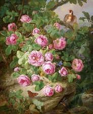 Oil painting Josef Lauer Decorative still life with roses butterflies and birds