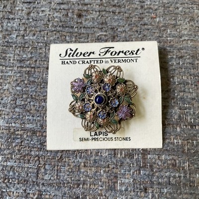 Silver Forest VTG.  /Lapis And Enamel Floral  Brooch NOS