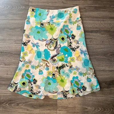 Y2k Allison Taylor Silk Floral Paisley Midi Skirt Turquoise Green Women Sz Med - Image 1 of 4