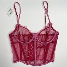 NWT SKIMS Punch Pink Embroidered Hearts Tulle Unlined Demi Crop Corset Size XS