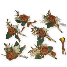 Boutonniere 6 Pc Set for Groom  Groomsmen/Artificificial Flowers Terracotta