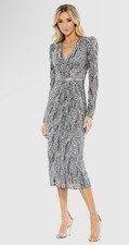 Mac Duggal 5574 Sz 10 Silver Charcoal Beaded Cocktail Midi Dress Gown $398
