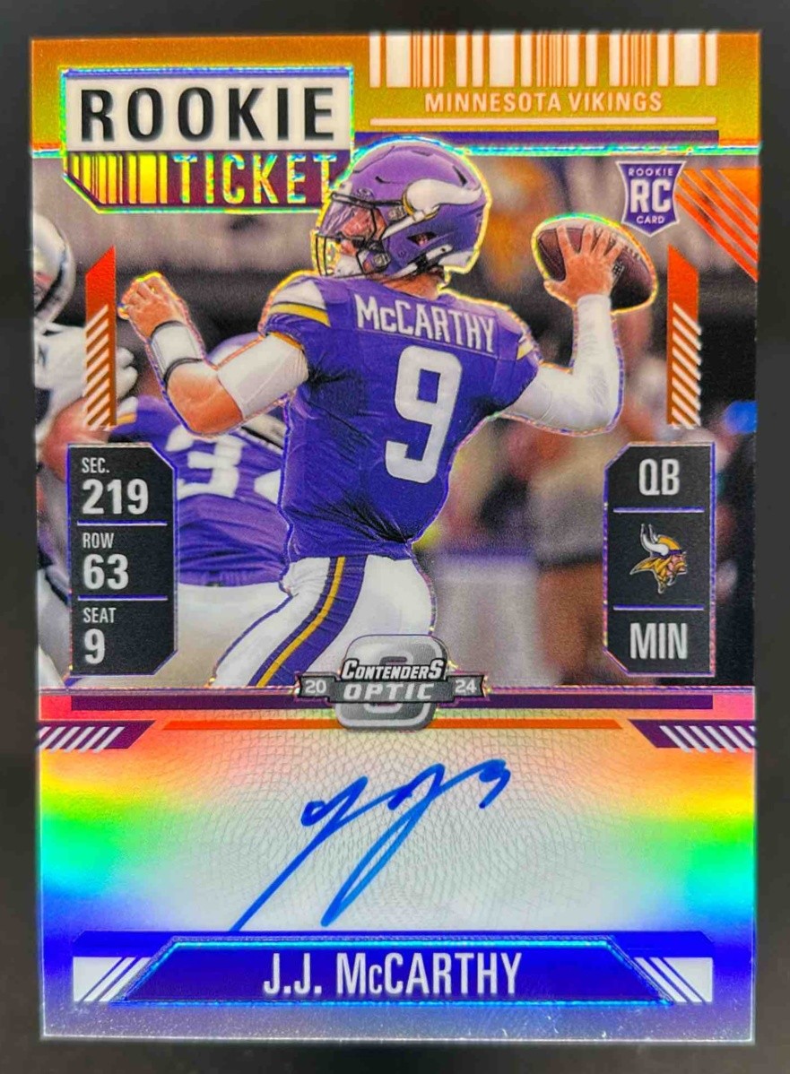2024 Contenders Optic JJ McCarthy Rookie Ticket RPS Auto RC Orange Prizm #13/50