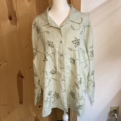 C B Studio by Corey B Button Up Pastel Green W/Floral Embroidery 100% Linen Sz L