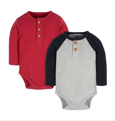 Gerber Baby Boy Henley Onesies 2 Pack Red Blue/Gray Long Sleeved NWT - NEWBORN