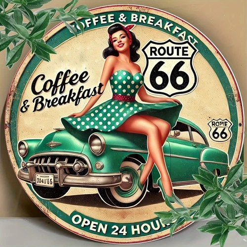 Vintage Tin Metal Sign Route 66 Coffee Breakfast Wall Retro 8x8