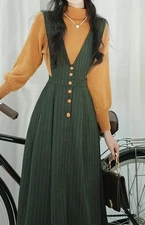 Gingko Stripe Pinafore Women’s Dress Wool Small Button Up