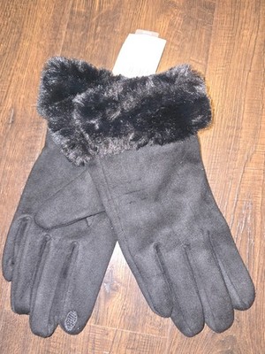 Time & Tru Women's Faux Leather Driving Gloves Faux Fur Cuffs Black Sz L XL