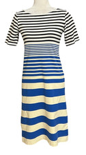 Marni Uniqlo Womens S Striped Dress Blue White Boat Neck Midi Stretch Casual