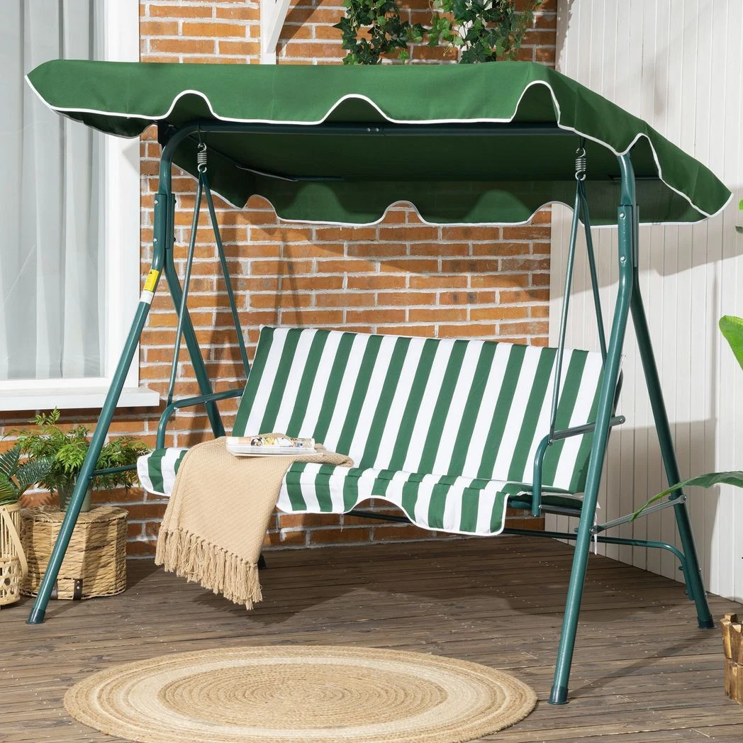 Outsunny Outdoor 3 Seater Porch Swing Chair Adjustable Canopy Green Steel Frame