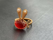 Bunny Red Glaze Ring/pearls/wire wrapping/handmade/size adjustable