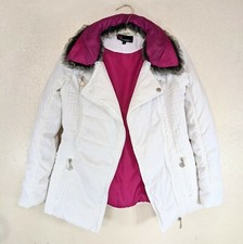 White Puffer Jacket S Quilted Parka Pink Lining Black Removable Faux Fur Collar