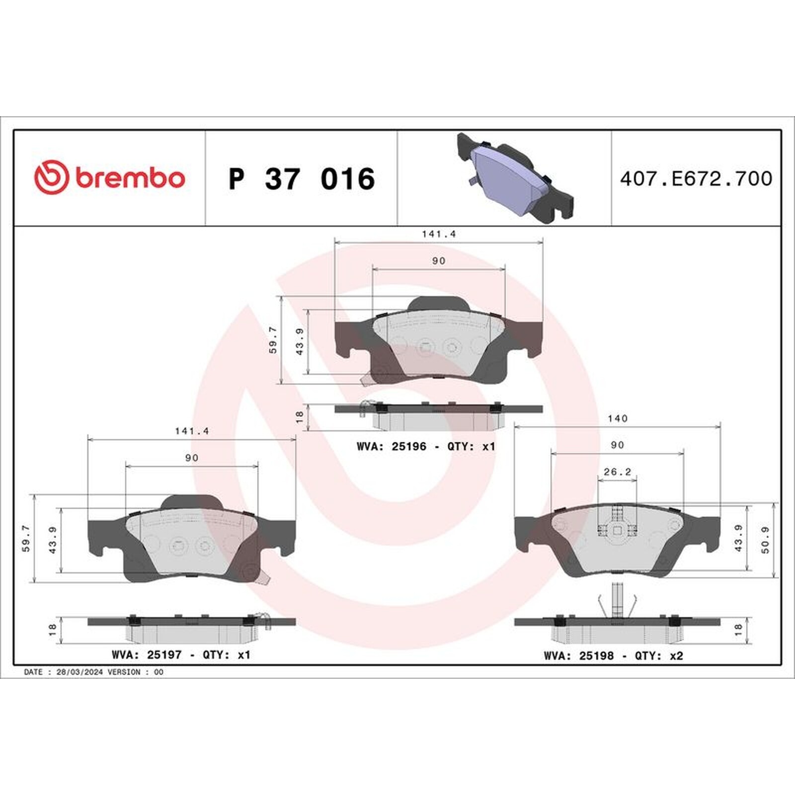 Brembo Prime Brake Pad Set P37016 - Front or - Rear Axle - Free Shipping
