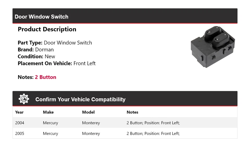 Para 2004-2005 Mercury Monterey Dorman interruptor de janela de porta dianteiro esquerdo - Imagem 2 de 4