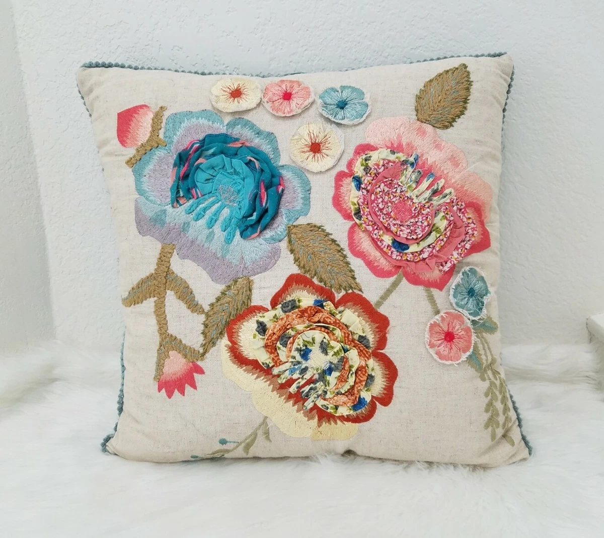 Pier 1 Imports Embroidered 3D Floral Pillow Peach Teal Green Beige